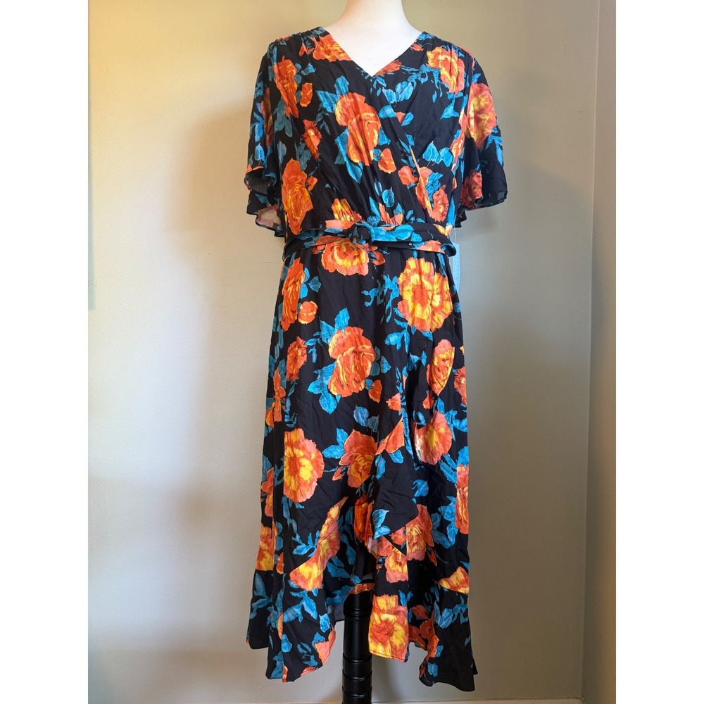 Boho whimsi flowy Floral Faux Wrap Midi Dress Black Teal Orange 14W fairy resort